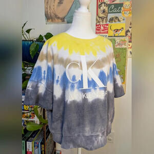 💛 Calvin Klein Tie-Dye Cropped Short Sleeve Sweater, Size XL